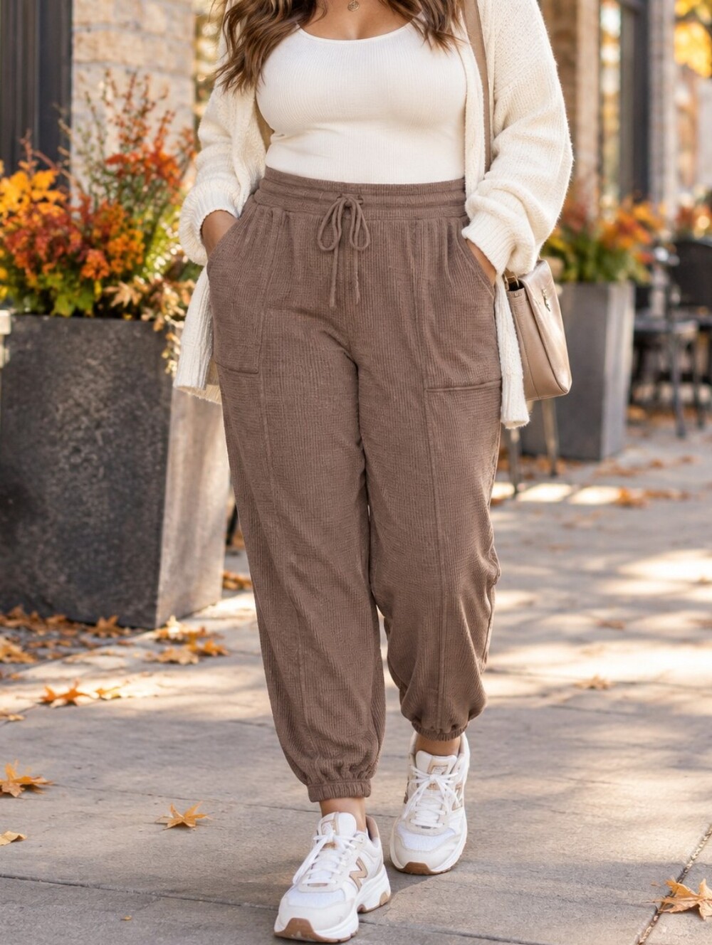 Yogalicious Brown Waffle Knit Joggers Drawstring Stretch Ankle Lounge Pants
